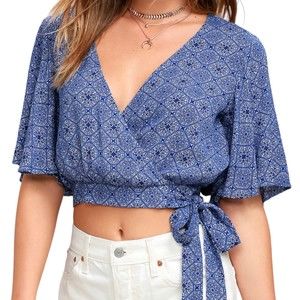 Lulus Belle of the Bali Blue Print Crop Top Women S